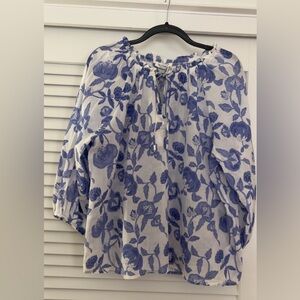 Workshop Republic Clothing White Peasant Blouse with Blue Floral Print